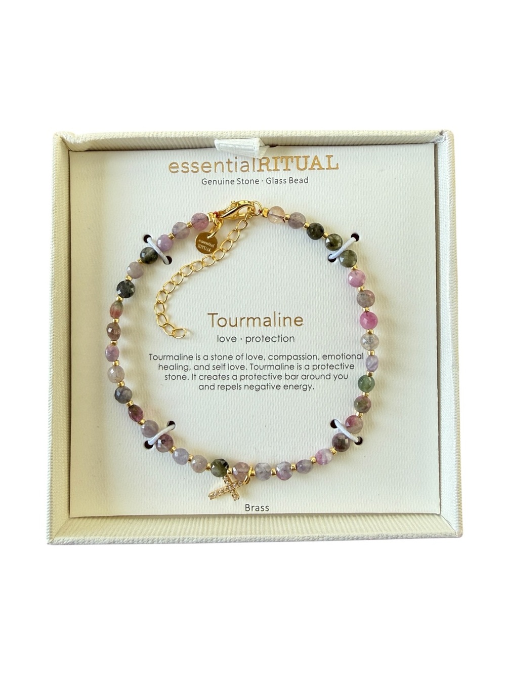 Essential Ritual Tourmaline Gemstone Cross Bracelet Gold Tone New in Box